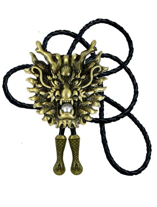 Moranse Dragon And Dragon Ball Design Cowboy Bolo Tie with Cowhide Rope