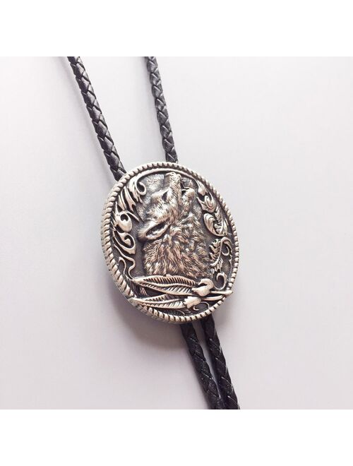 Retail New Vintage Silver Plating Western Wolf Wedding Oval Bolo Tie Leather Necklace In Stock Free Shipping