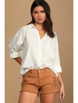 New Locations White Oversized Long Sleeve Button-Up Top