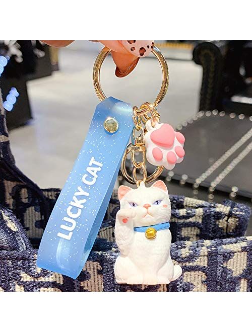 ZEXIN New Cute Lucky Cat Keychains Car Key Accessories Bag Decoration Keyrings Cartoon Lovely Cat Keychains Pendant(White)