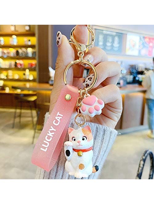 ZEXIN New Cute Lucky Cat Keychains Car Key Accessories Bag Decoration Keyrings Cartoon Lovely Cat Keychains Pendant(White)