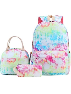 BLUBOON School Backpack Teens Girls Boys Kids School Bags Bookbag with Lunch bag pencil pouch (Tie Dye Green Pink)