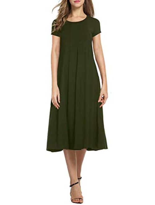 Necooer Women's Casual Loose Plain Pleated Long Dress Short Sleeve Midi Dresses