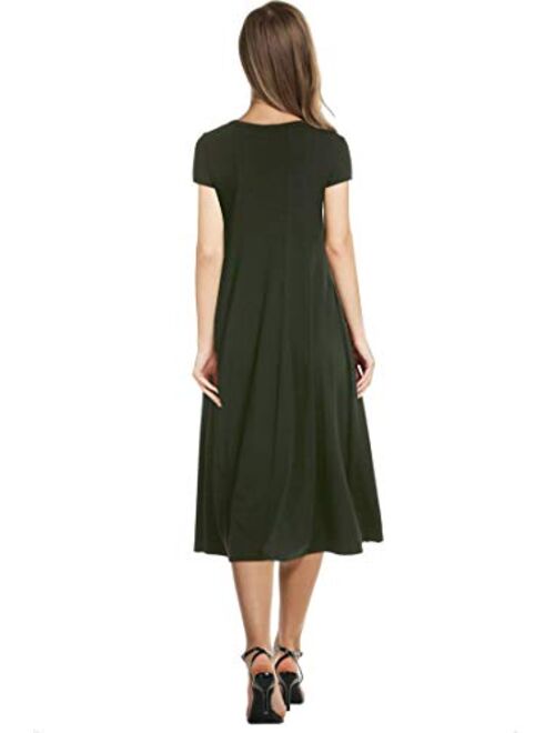 Necooer Women's Casual Loose Plain Pleated Long Dress Short Sleeve Midi Dresses
