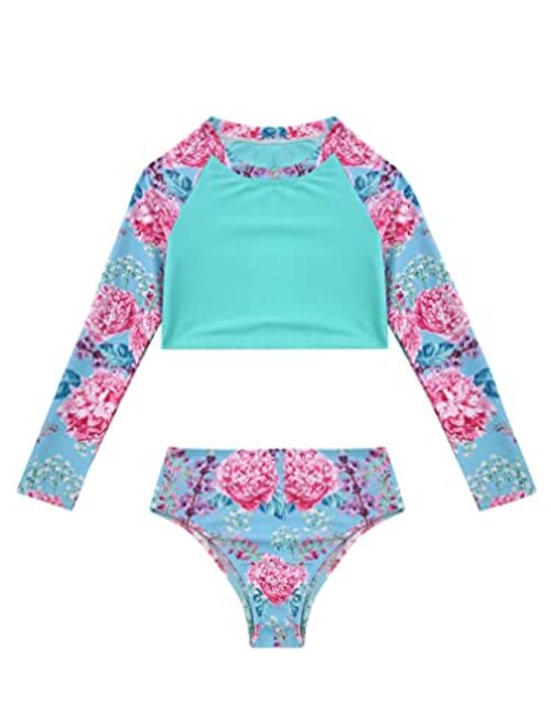 renvena Girls Flower Tankini Sets Rash Guard Crop Top with Bikini Briefs Swimwear Bathing Suit Beachwear