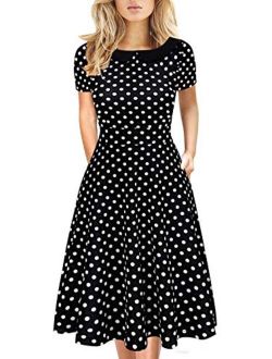 Women's Elegant Vintage Cotton Casual Floral Print Work Party A-Line Swing Dress with Pockets 978