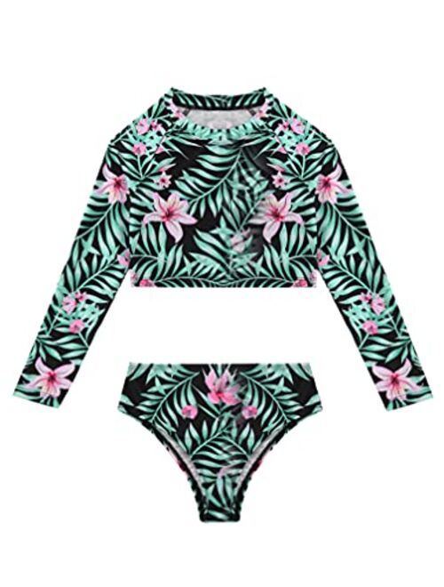 zdhoor Kids Girls Rush Guard Long Sleeve Crop Top Shirt Bottom Swimsuit 2 Piece Bathing Suit Swimwear