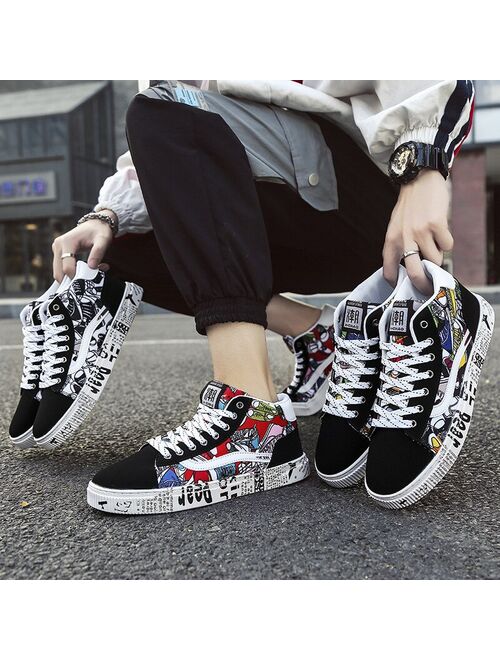 Men Casual Canvas Shoes High Top Print Sneakers