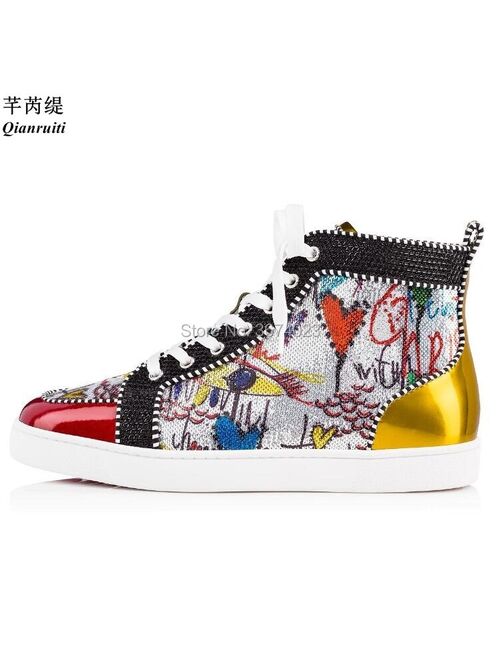 Men Graffiti Painting High Top Spiked Sneakers Mixed Color Casual Shoes Lace-up Runway Male
