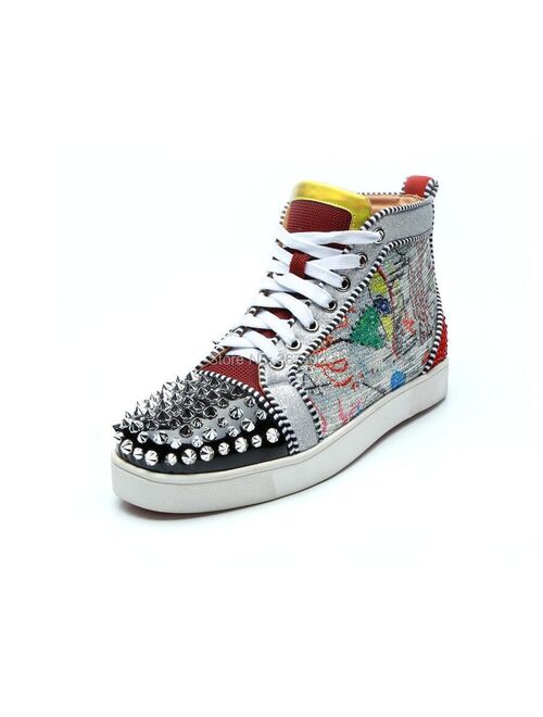 Men Graffiti Painting High Top Spiked Sneakers Mixed Color Casual Shoes Lace-up Runway Male