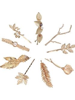 9 Pack Gold Feather Leaf Flower Metal Hair Clip Snap Barrette Claw Clamp Bobby Pin Alligator Hairclips Wedding Party Hair Decorations Accessories for Women Ladies