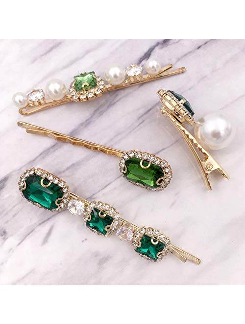 4PCS Pink Diamond Crystal Pearl Gold Bobby Pins Decorative Hair Slides Clips Accessories Women