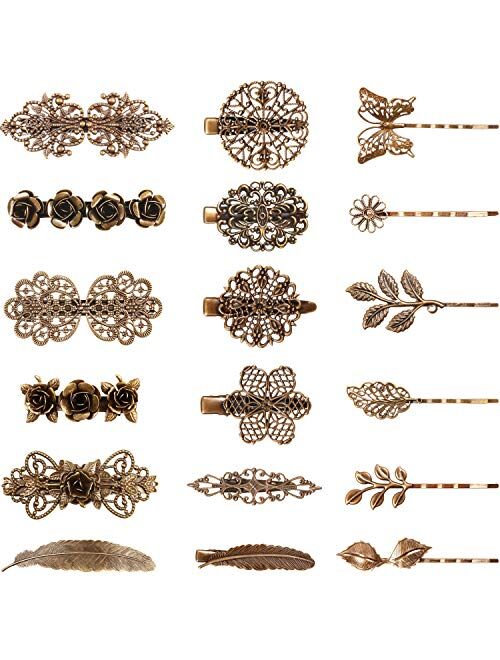 18 Pieces Vintage Metal French Barrette Retro Bronze French Clip Bronze Leaf Bobby Pin Vintage Hair Clips Hair Accessories for Women Girls