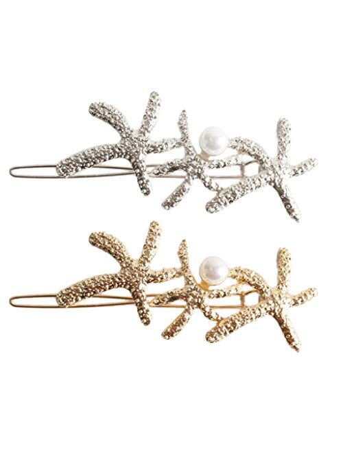 SHUANGSHI Hair Clip, Ocean Style Minimalist Metal Alloy Frog Bobby Pins Women Girls Texture Starfish Imitation Pearl Beaded Hair Clip