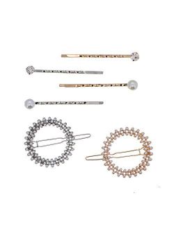 Studded Rhinestone And Pearl Hair Pins Decorative Bobby Pin Hair Barrette Sets (6 Singles) - Circular Set