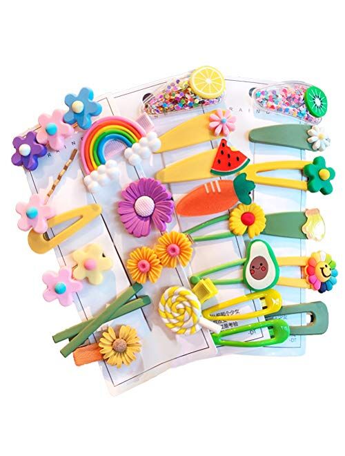 Baby Girl's Hair Clips Cute Hair Accessories Colorful Rainbow Flower Fruit Dessert Patterns Barrettes For Baby Girls Teens Toddlers, Assorted styles, 24pcs pieces Pack (S