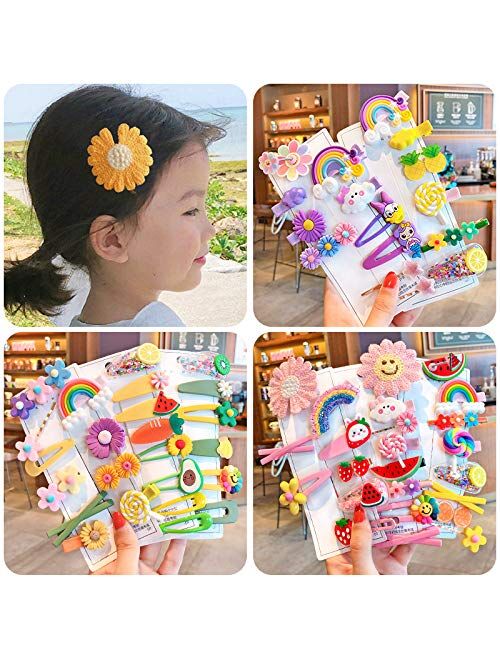 Baby Girl's Hair Clips Cute Hair Accessories Colorful Rainbow Flower Fruit Dessert Patterns Barrettes For Baby Girls Teens Toddlers, Assorted styles, 24pcs pieces Pack (S