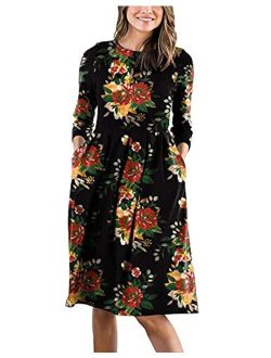 AOOKSMERY Women Casual Mid Pleat Draped Dress 3/4 Sleeve O-Neck Solid Printed Dresses with Pocket