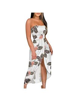 Women's Tube Top Slit Dress Strapless Floral Print Party Sexy Club Off Shoulder Fashion Draw Back Slim Long Maxi Dress