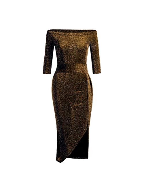 Evangelia.YM Women's Formal Dresses Fashion Off One Shoulder Sparkling Sequins High Slit Slim Hip Evening Party Long Dress