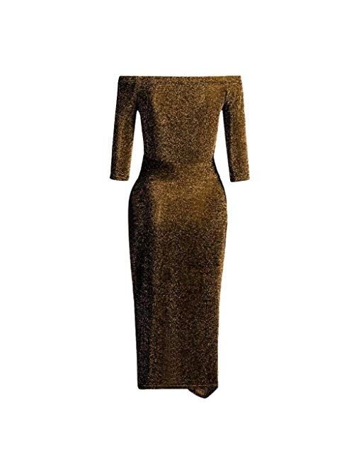 Evangelia.YM Women's Formal Dresses Fashion Off One Shoulder Sparkling Sequins High Slit Slim Hip Evening Party Long Dress