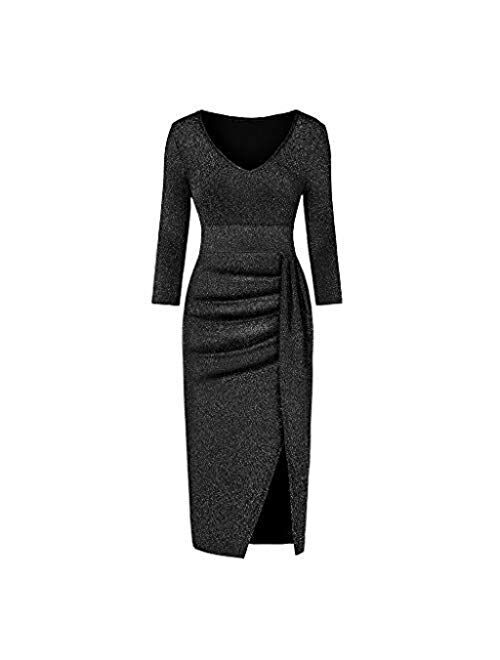 Lutos Women V Neck Sequins Wrap Ruched Bodycon Long Sleeve High Slit Nightclub Party Prom Casual Dress