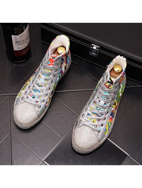 Heighten Shoes Designer Men Dazzling Colorful  Graffiti High Tops Causal Flats Moccasins Sneakers