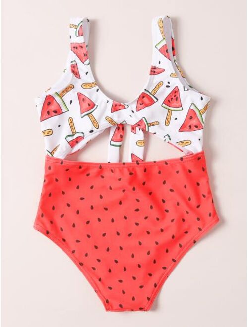 Shein Girls Watermelon Print Cut-out Knot One Piece Swimsuit