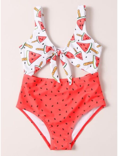 Shein Girls Watermelon Print Cut-out Knot One Piece Swimsuit