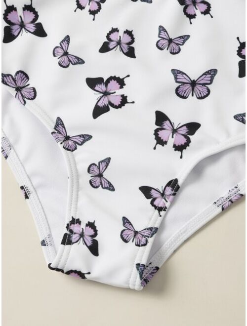 Shein Girls Random Butterfly Print Ruffle One Piece Swimsuit