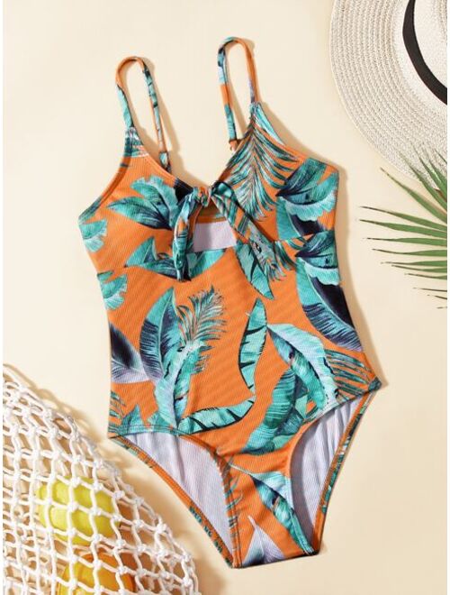 Shein Girls Plant Print Knot Front One Piece Swimsuit