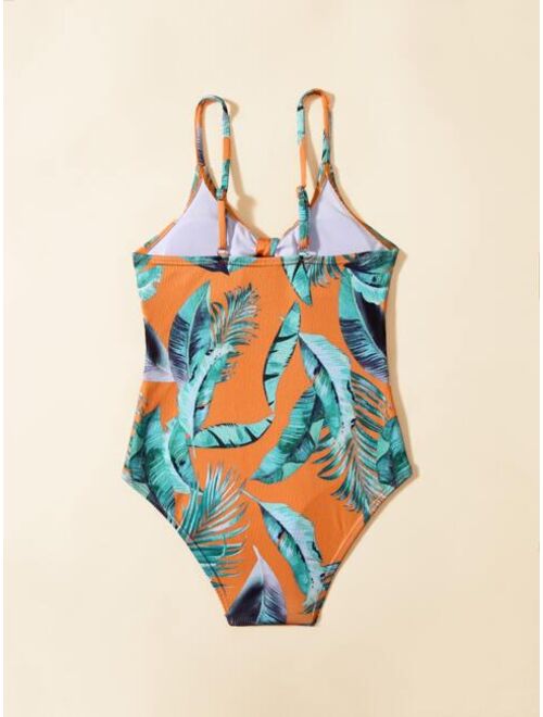 Shein Girls Plant Print Knot Front One Piece Swimsuit