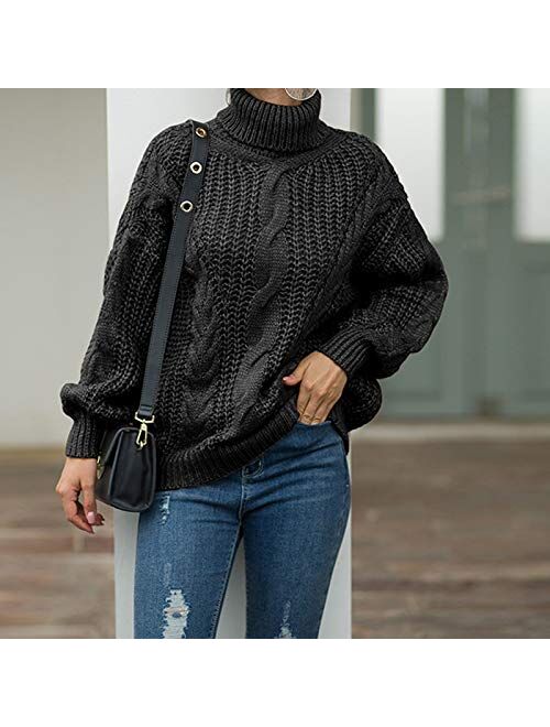 Womens Loose Oversized Casual Turtle Neck Sweater Pullover Top Ribbed Chunky Cable Knit Sweater