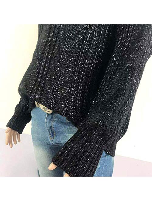 Womens Loose Oversized Casual Turtle Neck Sweater Pullover Top Ribbed Chunky Cable Knit Sweater