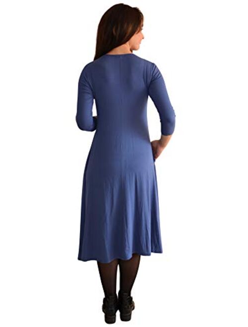 Kosher Casual Women's Modest Casual 3-4 Sleeve Mid-Calf Swing T Shirt Dress with Pockets