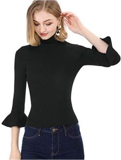 Women's Ruffle Long Sleeves Turtleneck Sweater Pullover Stretchy Knit Slim Fit Sweatshirt