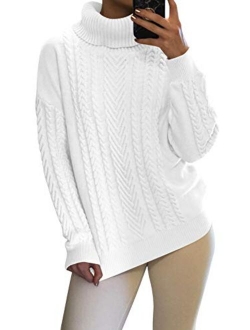 Sovoyontee Women 100% Cotton Cable Knit Turtleneck Pullover Sweater