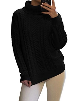Sovoyontee Women 100% Cotton Cable Knit Turtleneck Pullover Sweater