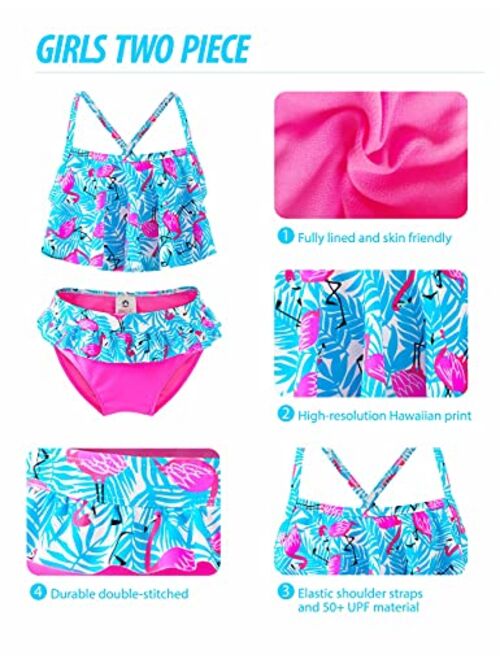 Girls Two Piece Swimsuits, Kids Flamingo Hawaiian Ins Bikini, Tropical Printing Beach Bathing Suit for Vacation