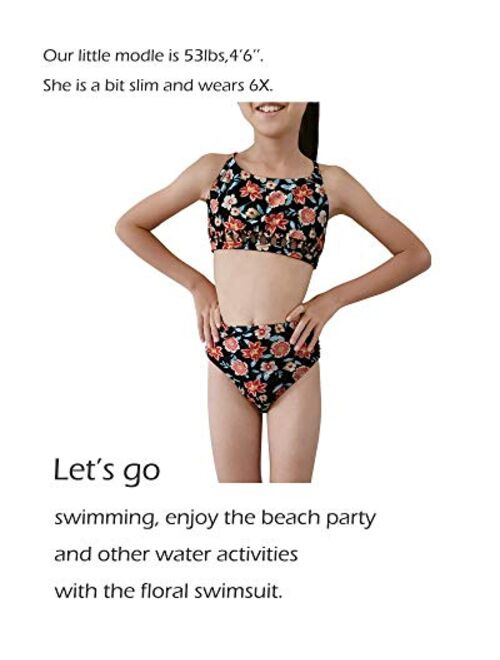 Islander Girls Black Bikini Sets 2 Piece Swimsuit,Kids Beach Sport Tankini with Criss Cross Back Straps