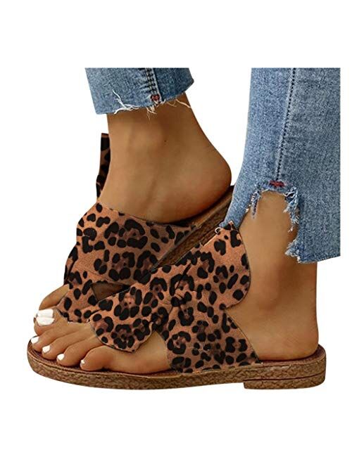 Xudanell Womens Sandals Comfort Cork Sole Bow Knot Comfy Soft Leopard Suede Casual Summer Slip On Slides Sandals for Women