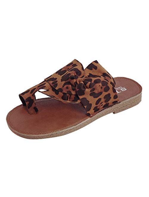 Xudanell Womens Sandals Comfort Cork Sole Bow Knot Comfy Soft Leopard Suede Casual Summer Slip On Slides Sandals for Women