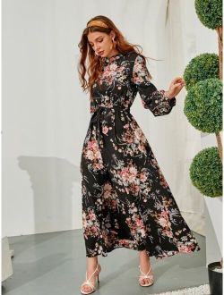 Allover Floral Print Self Tie Swing Maxi Dress