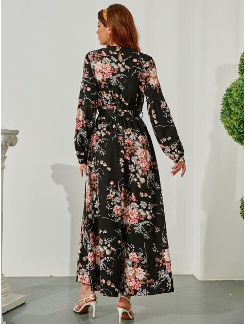 Shein Allover Floral Print Self Tie Swing Maxi Dress
