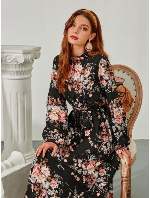 Shein Allover Floral Print Self Tie Swing Maxi Dress