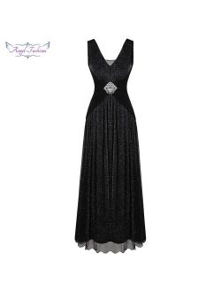 Angel-fashions Women's V Neck Pleated Beading Evening Dress Long A Line Formal Party Gown Black 486