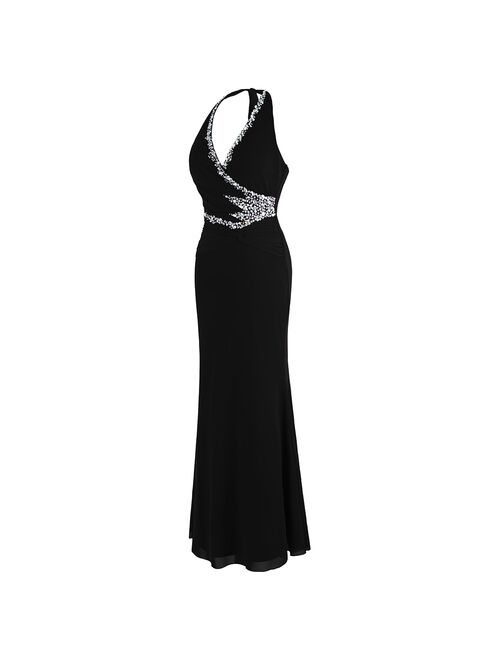 Angel-fashions Halter Beading Black Evening Dresses Long Formal Party Gown 474 484