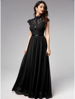 Ribbon Detail Lace Bodice Chiffon Prom Dress