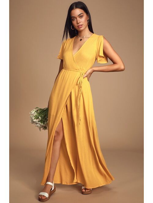 Lulus Much Obliged Golden Yellow Wrap Maxi Dress