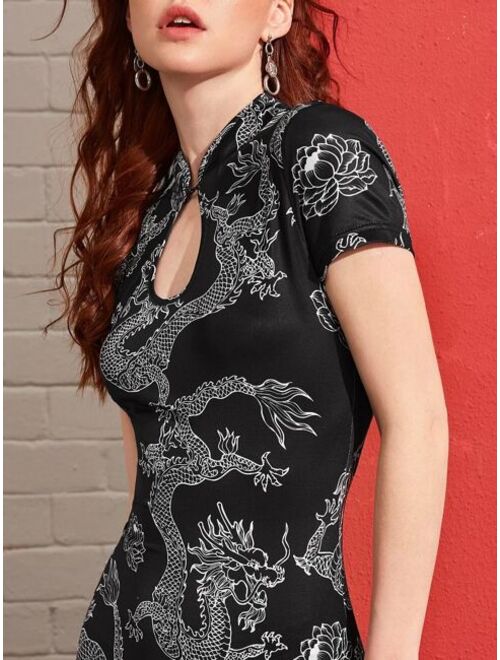 Shein Mandarin Collar Split Hem Dragon Print Bodycon Dress